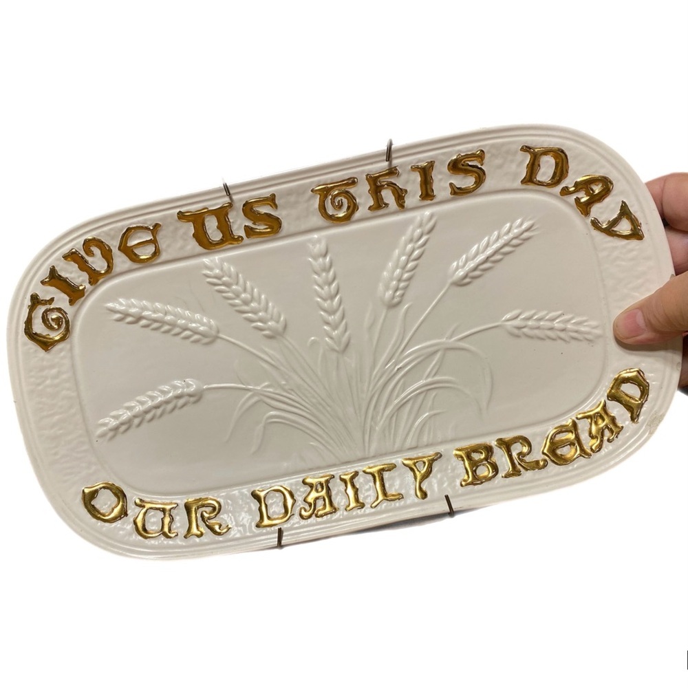 Holland Mold Bread Platter White Gold Lettering Ceramic Wheat Pattern Made 1967